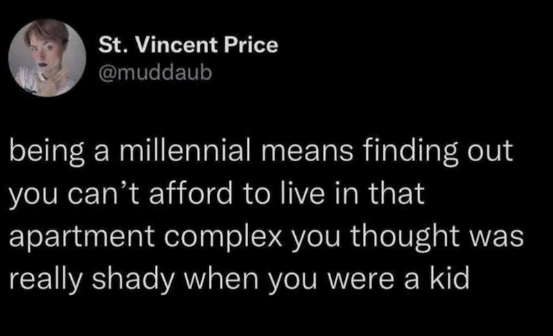 St. Vincent Price @muddaub being a millennial means finding out you can't afford to live in that apartment complex you thought was really shady when you were a kid
