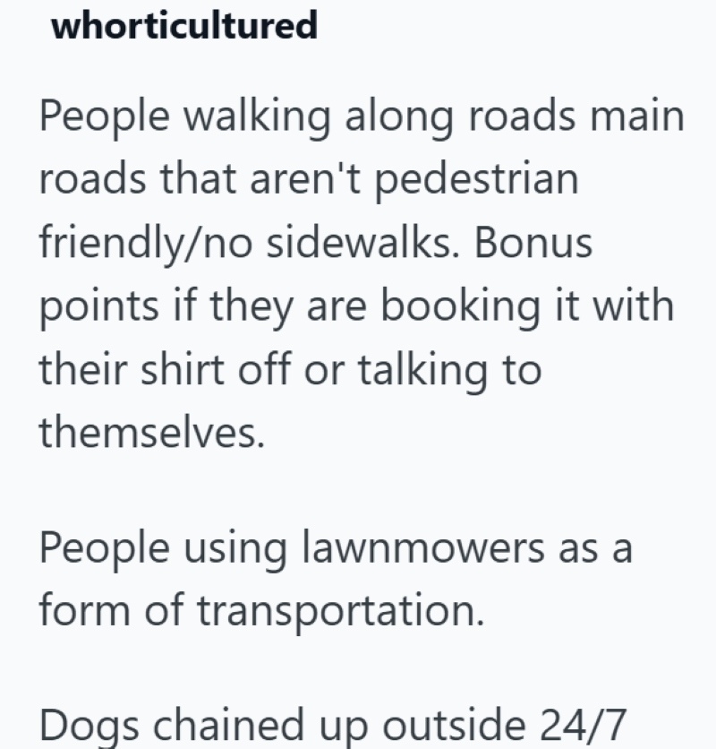 whorticultured People walking along roads main roads that aren't pedestrian friendly/no sidewalks. Bonus points if they are booking it with their shirt off or talking to themselves. People using lawnmowers as a form of transportation. Dogs chained up outside 24/7