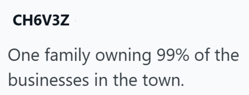 CH6V3Z One family owning 99% of the businesses in the town.