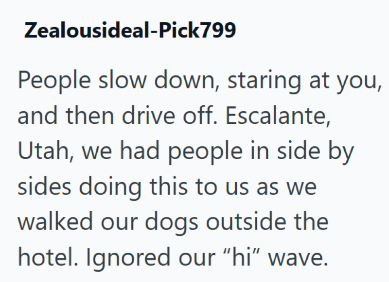 Zealousideal-Pick799 People slow down, staring at you, and then drive off. Escalante, Utah, we had people in side by sides doing this to us as we walked our dogs outside the hotel. Ignored our "hi" wave.