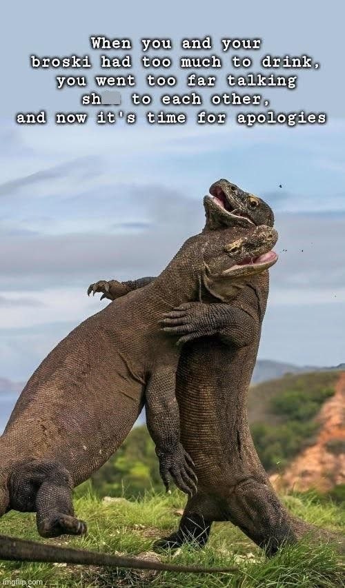 When you and your broski had too much to drink, you went too far talking sh to each other, and now it's time for apologies imgflip.com