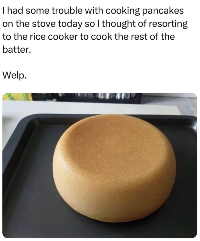 I had some trouble with cooking pancakes on the stove today so I thought of resorting to the rice cooker to cook the rest of the batter. Welp.