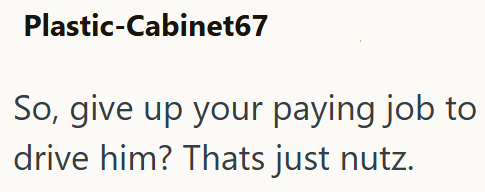 Plastic-Cabinet67 So, give up your paying job to drive him? Thats just nutz.