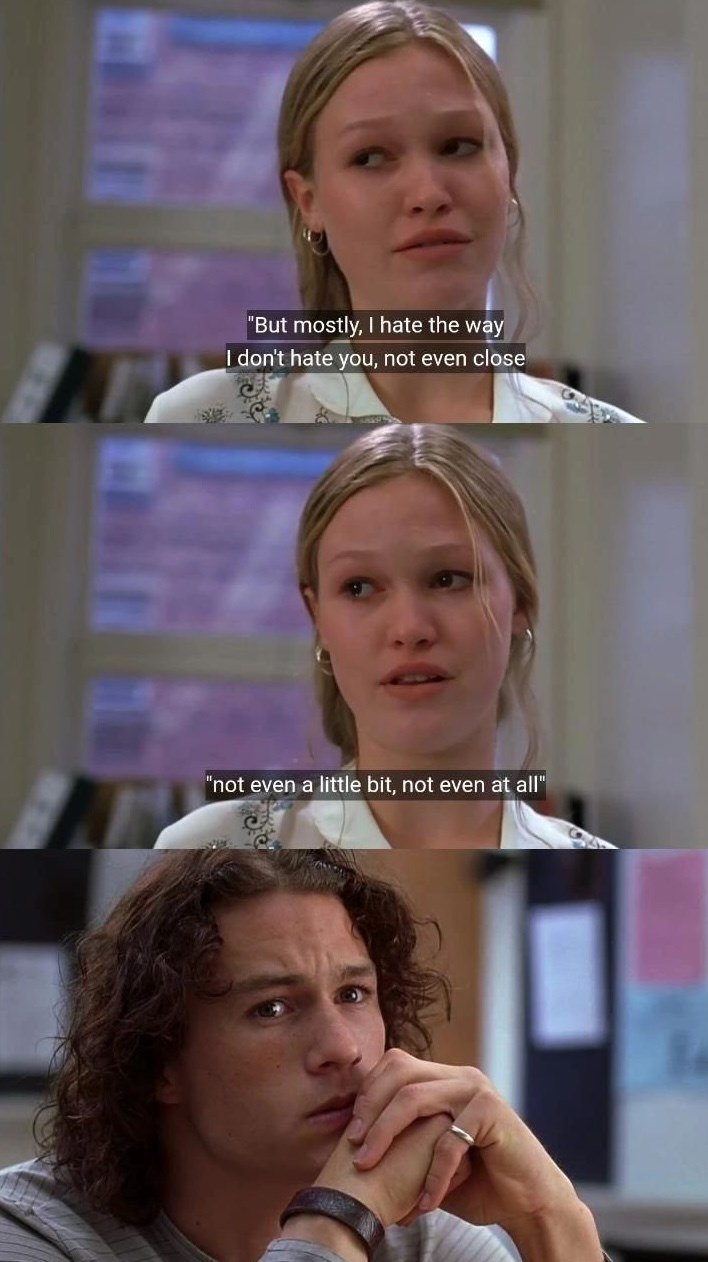 "But mostly, I hate the way I don't hate you, not even close "not even a little bit, not even at all"