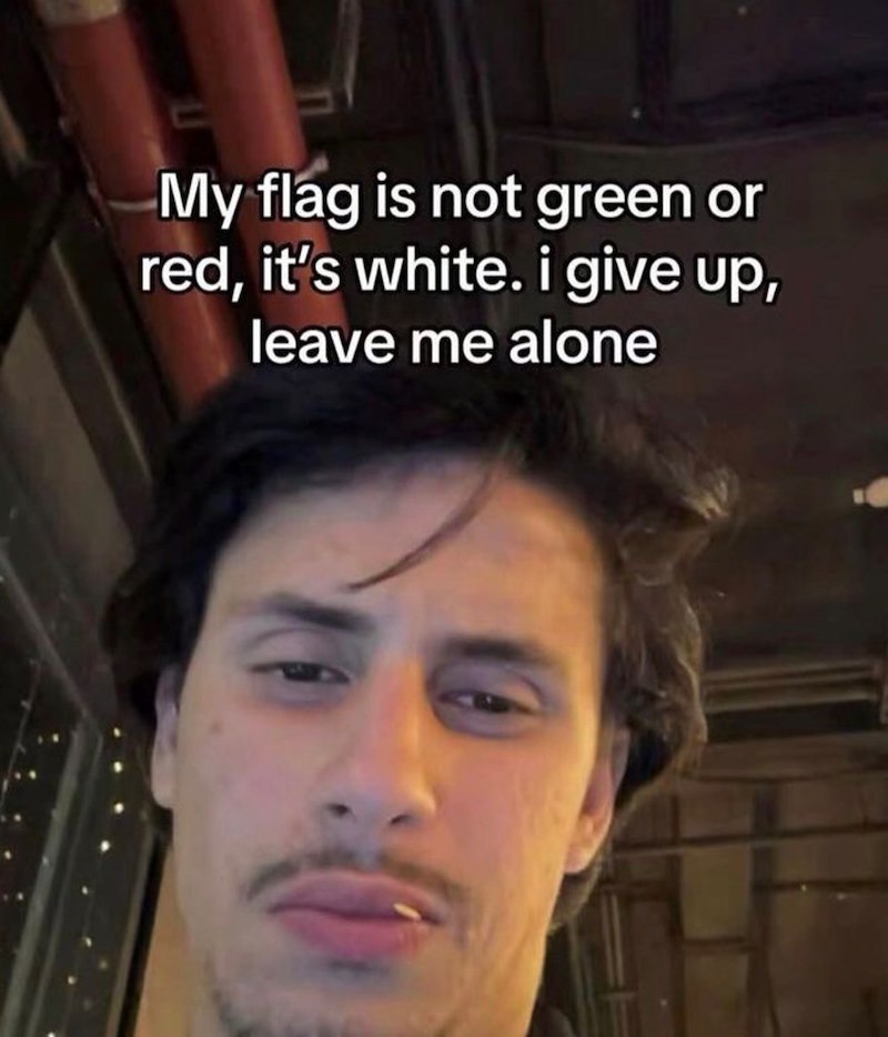 My flag is not green or red, it's white. i give up, leave me alone