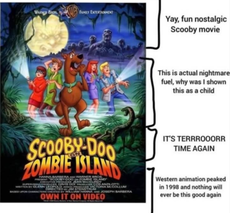 Wiege Byss UB FAMILY ENTERTAINMENT Yay, fun nostalgic Scooby movie This is actual nightmare fuel, why was I shown this as a child ON SCOOBY-DOO ZOMBIE ISLAND DAVIS DO NN LEOPOLD ECTED BROS SE ISLAND AN MCURDY COS ANZILOTTI VICTORIA MCCOLLUM NSTRUM EATED BY WILLIAM HANNA AND JOSEPH BARBERA OWN IT ON VIDEO IT'S TERRROOORR TIME AGAIN Western animation peaked in 1998 and nothing will ever be this good again