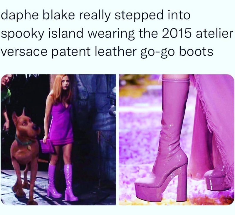 daphe blake really stepped into spooky island wearing the 2015 atelier versace patent leather go-go boots