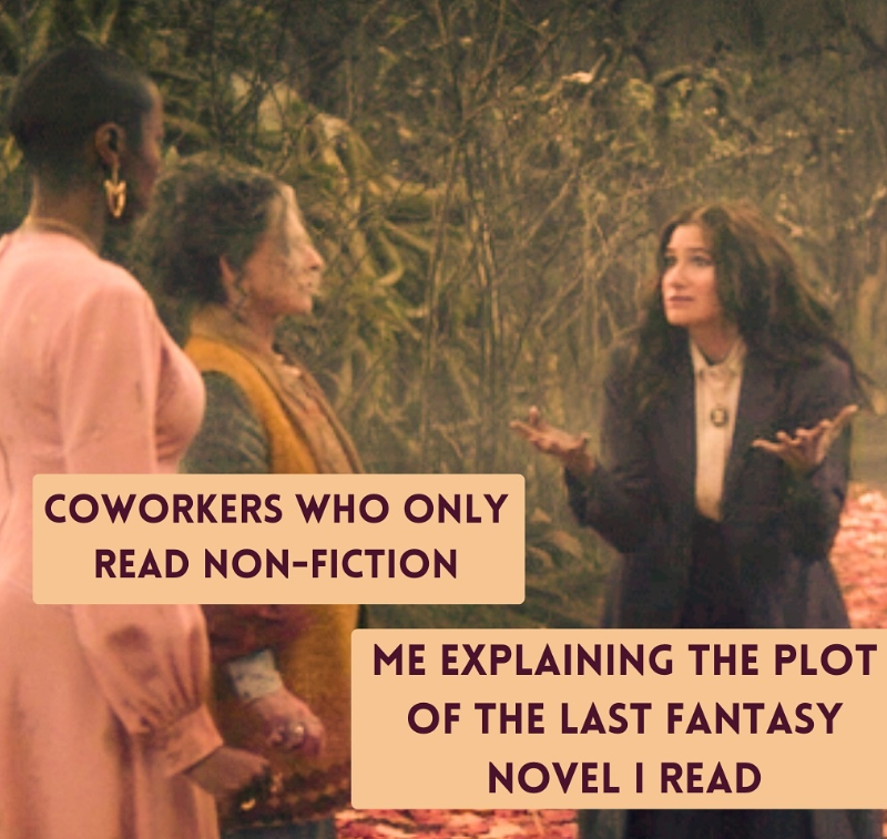 COWORKERS WHO ONLY READ NON-FICTION ME EXPLAINING THE PLOT OF THE LAST FANTASY NOVEL I READ