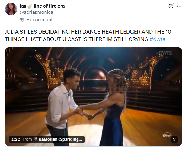 jas line of fire era @adriasmonica Fan account JULIA STILES DECIDATING HER DANCE HEATH LEDGER AND THE 10 THINGS I HATE ABOUT U CAST IS THERE IM STILL CRYING #dwts 1:22 From KaMorian (Sparkling... #DWTS