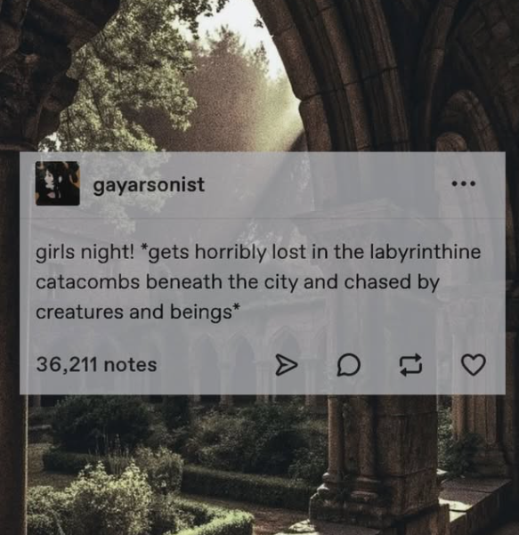 gayarsonist girls night! *gets horribly lost in the labyrinthine catacombs beneath the city and chased by creatures and beings* 36,211 notes > D