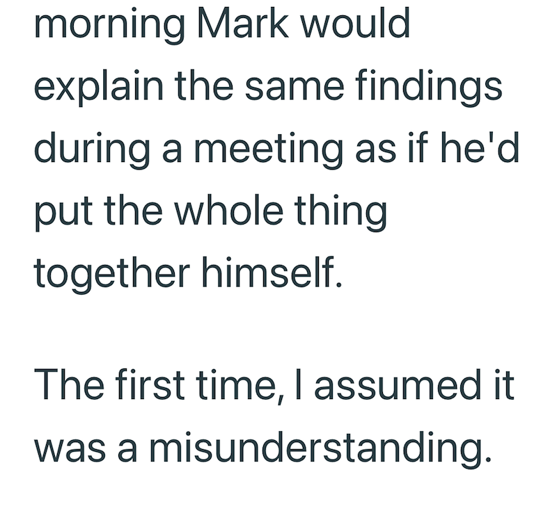morning Mark would explain the same findings during a meeting as if he'd put the whole thing together himself. The first time, I assumed it was a misunderstanding.
