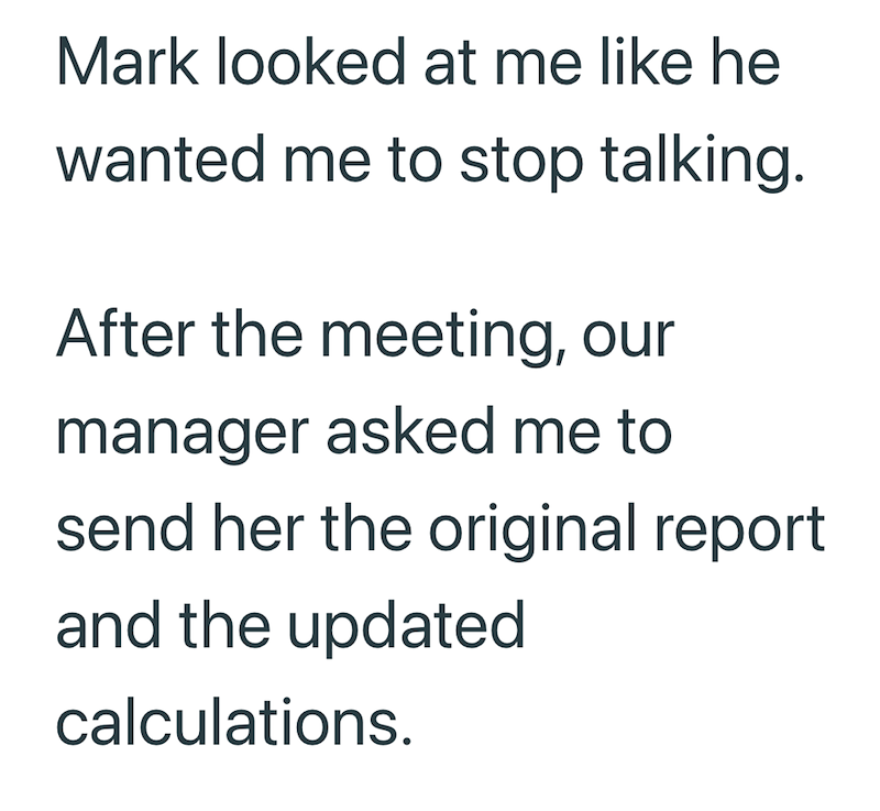 Mark looked at me like he wanted me to stop talking. After the meeting, our manager asked me to send her the original report and the updated calculations.
