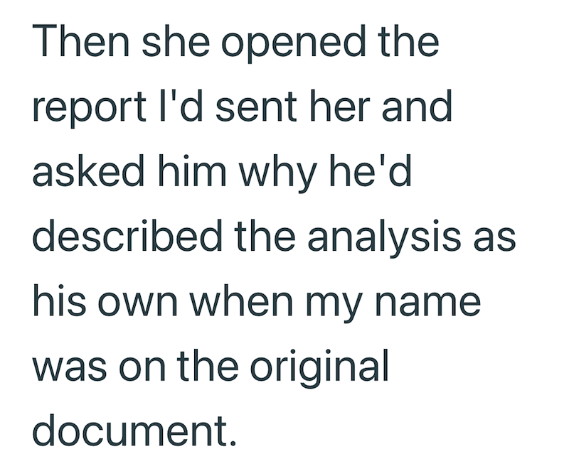 Then she opened the report I'd sent her and asked him why he'd described the analysis as his own when my name was on the original document.