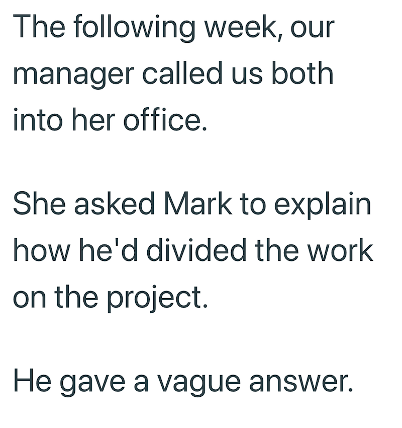 The following week, our manager called us both into her office. She asked Mark to explain how he'd divided the work on the project. He gave a vague answer.