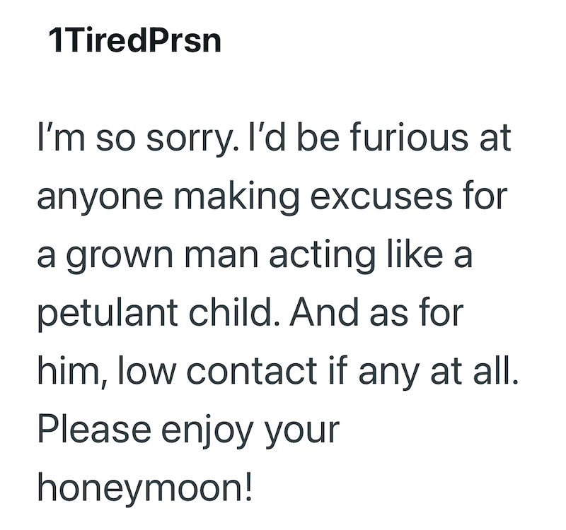 1TiredPrsn I'm so sorry. I'd be furious at anyone making excuses for a grown man acting like a petulant child. And as for him, low contact if any at all. Please enjoy your honeymoon!