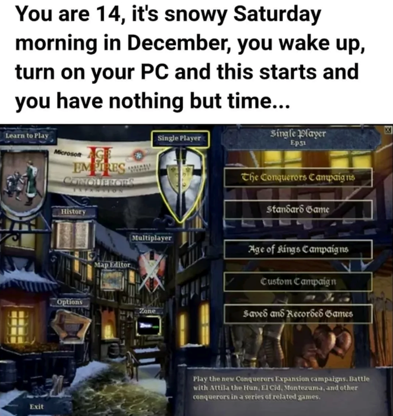 You are 14, it's snowy Saturday morning in December, you wake up, turn on your PC and this starts and you have nothing but time... Learn to Play Microsoft EM CONCLERORS History Map Editor Single Player Multiplayer Options Zone Single Player Epsi The Conquerors Campaigns Standard Game Age of Kings Campaigns Custom Campaign Saved and Recorded Games Exit Play the new Conquerors Expansion campaigns. Battle with Attila the Hun, El Cid, Montezuma, and other conquerors in a series of related games.