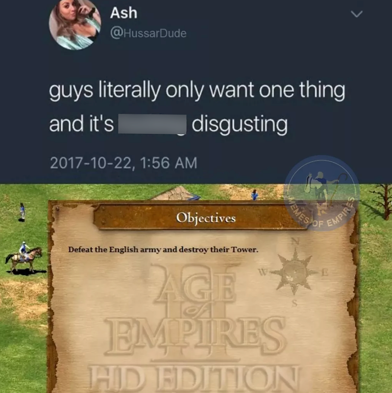 Ash @HussarDude guys literally only want one thing and it's fucking disgusting 2017-10-22, 1:56 AM MEMES OF Objectives Defeat the English army and destroy their Tower. AGE W EMPIRES HID EDITION EMPIRES