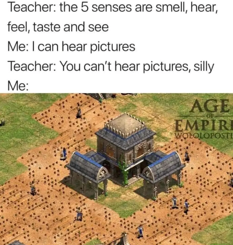 Teacher: the 5 senses are smell, hear, feel, taste and see Me: I can hear pictures Teacher: You can't hear pictures, silly Me: AGE OF EMPIR WOLOLOPOSTI