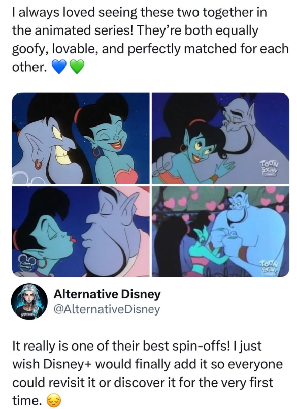 I always loved seeing these two together in the animated series! They're both equally goofy, lovable, and perfectly matched for each other. TOON TOON Alternative Disney @Alternative Disney It really is one of their best spin-offs! I just wish Disney+ would finally add it so everyone could revisit it or discover it for the very first time.