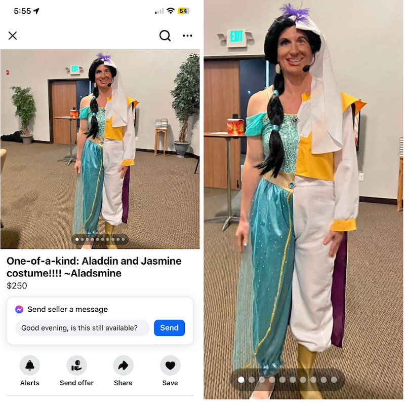 5:55 1 ✗ 54 One-of-a-kind: Aladdin and Jasmine costume!!!! ~Aladsmine $250 EXIT Send seller a message Good evening, is this still available? Send Alerts Send offer Share Save www