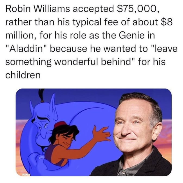 Robin Williams accepted $75,000, rather than his typical fee of about $8 million, for his role as the Genie in "Aladdin" because he wanted to "leave something wonderful behind" for his children DISNEY