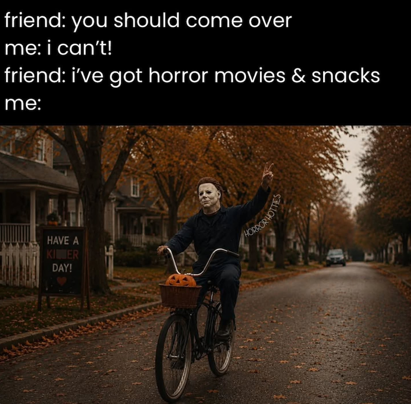 friend: you should come over me: i can't! friend: i've got horror movies & snacks me: HAVE A KI ER DAY! HORROR HOTTIES
