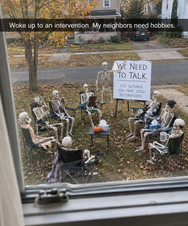 Woke up to an intervention. My neighbors need hobbies. WE NEED TO TALK. IT'S OCTOBER. YOU HAVE ZERO DECORATIONS.