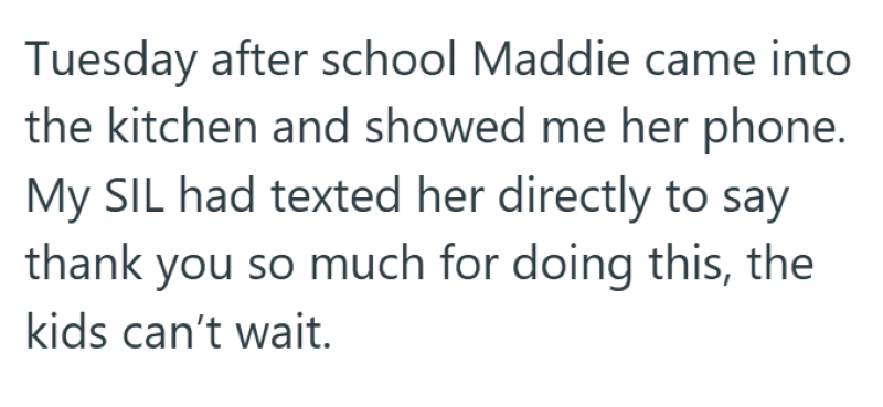 Tuesday after school Maddie came into the kitchen and showed me her phone. My SIL had texted her directly to say thank you so much for doing this, the kids can't wait.