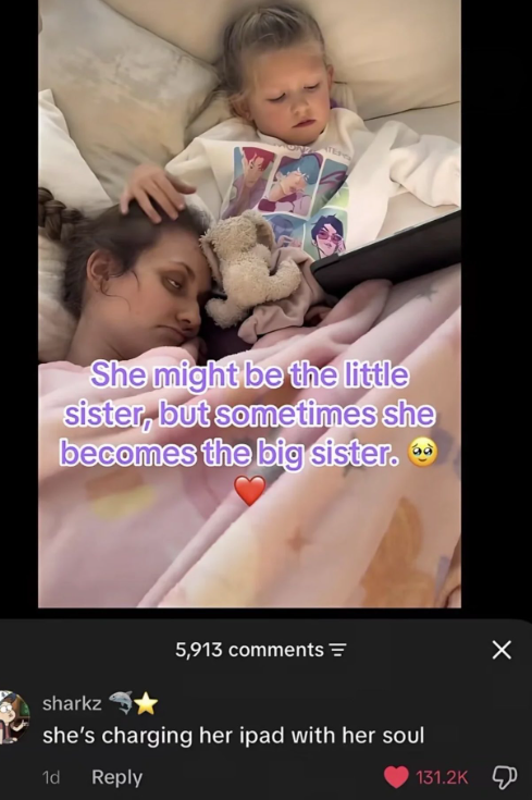 TER She might be the little sister, but sometimes she becomes the big sister. 5,913 comments = ☑ sharkz she's charging her ipad with her soul 1d Reply 131.2K