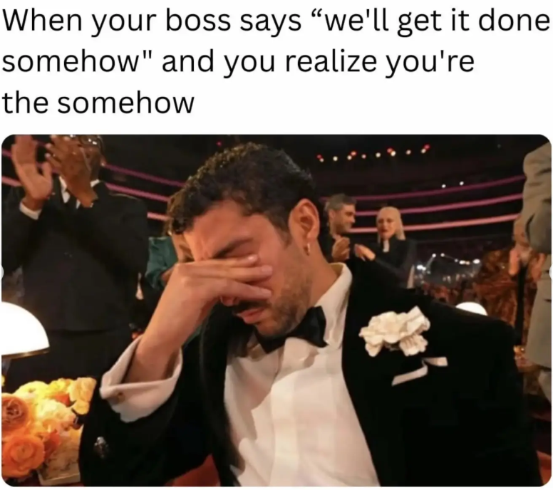 When your boss says "we'll get it done somehow" and you realize you're the somehow