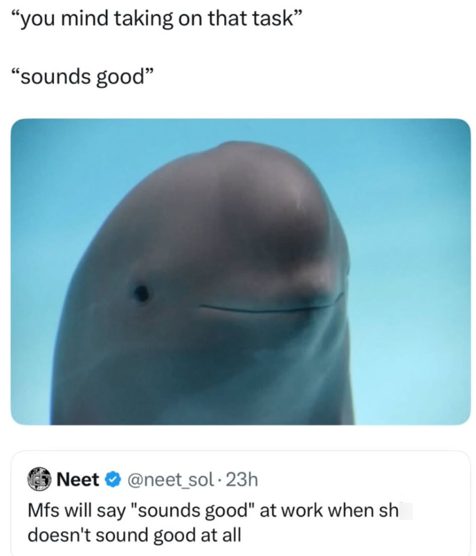 "you mind taking on that task❞ "sounds good" Neet @neet_sol. 23h Mfs will say "sounds good" at work when sh doesn't sound good at all