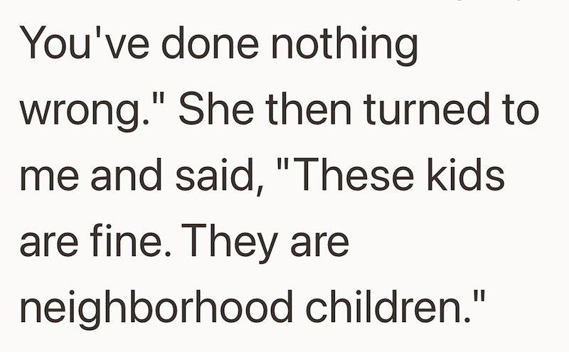 You've done nothing wrong." She then turned to me and said, "These kids are fine. They are neighborhood children."