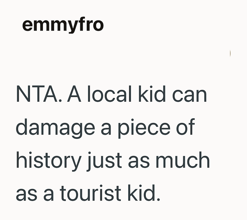emmyfro NTA. A local kid can damage a piece of history just as much as a tourist kid.