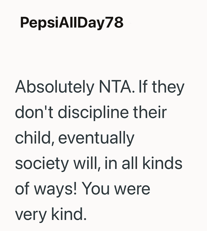 Pepsi AllDay78 Absolutely NTA. If they don't discipline their child, eventually society will, in all kinds of ways! You were very kind.