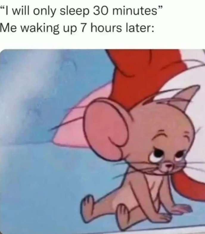 "I will only sleep 30 minutes" Me waking up 7 hours later: