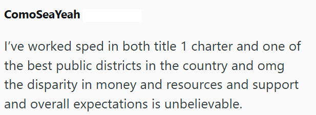 ComoSeaYeah I've worked sped in both title 1 charter and one of the best public districts in the country and omg the disparity in money and resources and support and overall expectations is unbelievable.