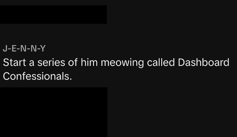 J-E-N-N-Y Start a series of him meowing called Dashboard Confessionals.