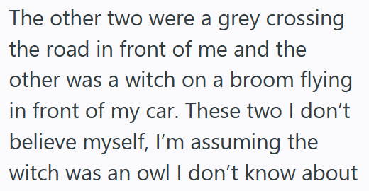 The other two were a grey crossing the road in front of me and the other was a witch on a broom flying in front of my car. These two I don't believe myself, I'm assuming the witch was an owl I don't know about