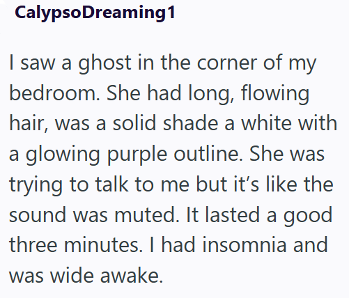 CalypsoDreaming1 I saw a ghost in the corner of my bedroom. She had long, flowing hair, was a solid shade a white with a glowing purple outline. She was trying to talk to me but it's like the sound was muted. It lasted a good three minutes. I had insomnia and was wide awake.