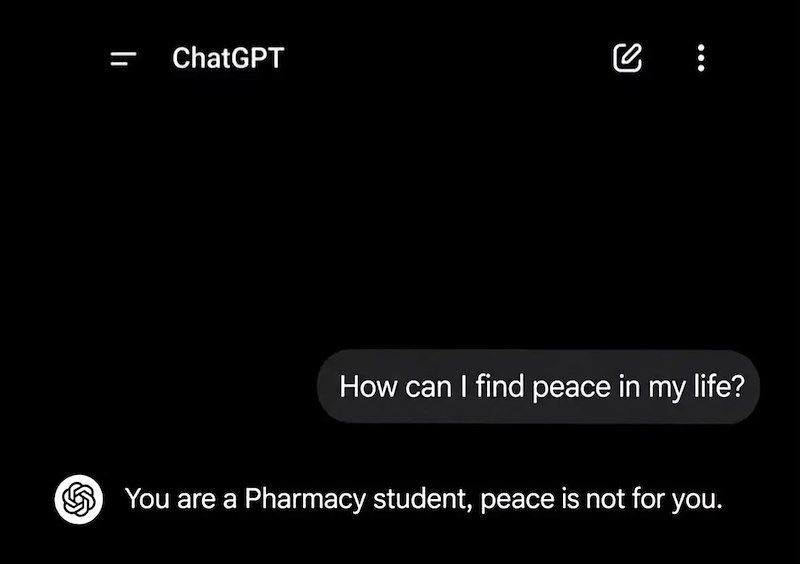 ChatGPT се How can I find peace in my life? You are a Pharmacy student, peace is not for you.