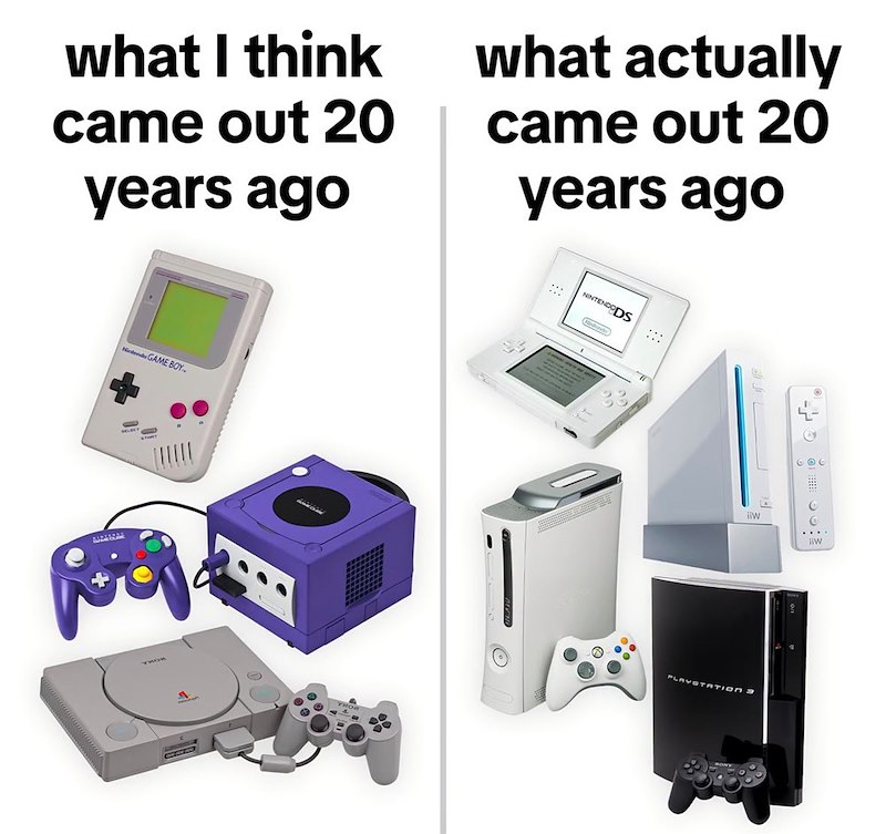 what I think came out 20 years ago what actually came out 20 years ago Nintendo GAME BOY NINTENDODS iiw O PLAYSTATION S 0 iiW