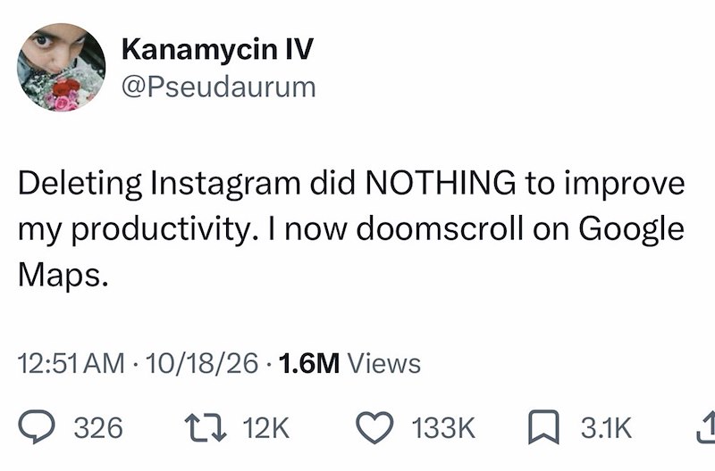 Kanamycin IV @Pseudaurum Deleting Instagram did NOTHING to improve my productivity. I now doomscroll on Google Maps. 12:51 AM 10/18/26 · 1.6M Views • 326 17 12K 133K ☐ 3.1K