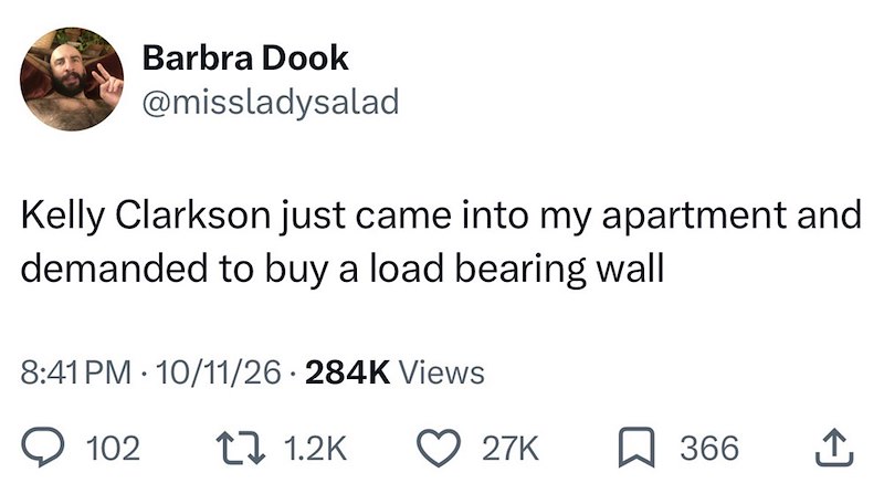 Barbra Dook @missladysalad Kelly Clarkson just came into my apartment and demanded to buy a load bearing wall 8:41 PM 10/11/26 284K Views 102 1 1.2K 27K 366 ↑