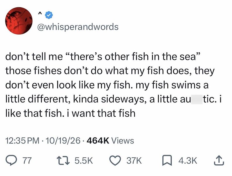 @whisperandwords don't tell me "there's other fish in the sea" those fishes don't do what my fish does, they don't even look like my fish. my fish swims a little different, kinda sideways, a little au like that fish. i want that fish 12:35 PM 10/19/26 464K Views • tic. i 77 17 5.5K 37K ☐ 4.3K ↑