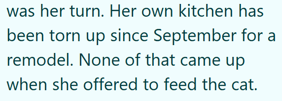 was her turn. Her own kitchen has been torn up since September for a remodel. None of that came up when she offered to feed the cat.