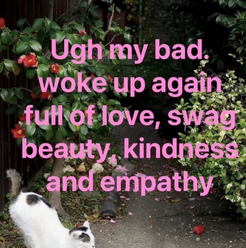 Ugh my bad. woke up again full of love, swag beauty kindness and empathy