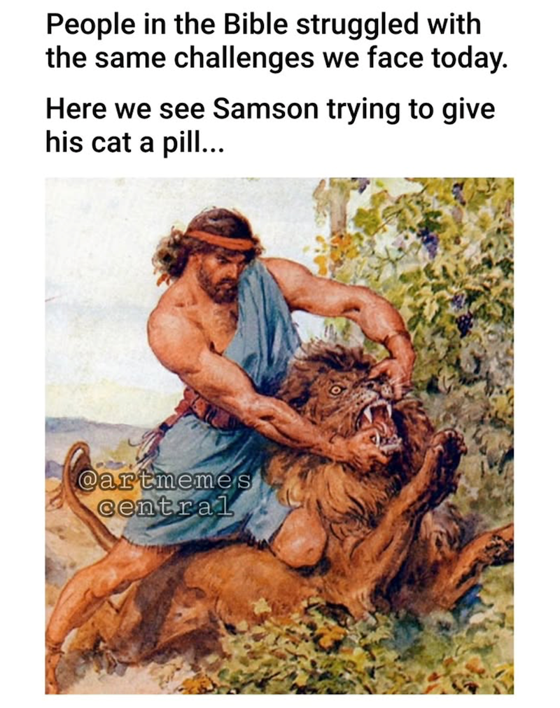 People in the Bible struggled with the same challenges we face today. Here we see Samson trying to give his cat a pill... @artmemes central