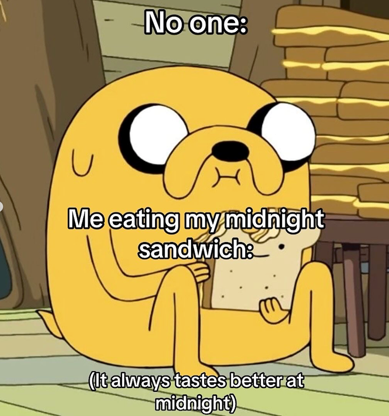 - No one: Me eating my midnight sandwich: (It always tastes better at midnight)
