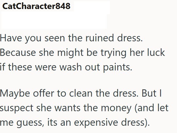 CatCharacter848 Have you seen the ruined dress. Because she might be trying her luck if these were wash out paints. Maybe offer to clean the dress. But I suspect she wants the money (and let me guess, its an expensive dress).