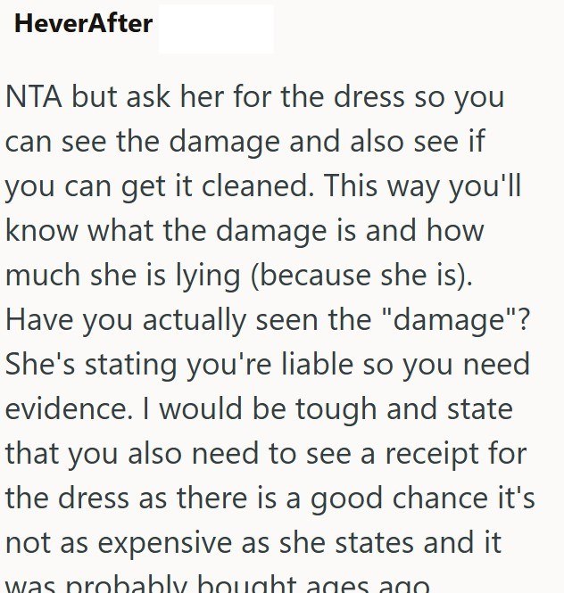 HeverAfter NTA but ask her for the dress so you can see the damage and also see if you can get it cleaned. This way you'll know what the damage is and how much she is lying (because she is). Have you actually seen the "damage"? She's stating you're liable so you need evidence. I would be tough and state that you also need to see a receipt for the dress as there is a good chance it's not as expensive as she states and it was probably bought ages ago
